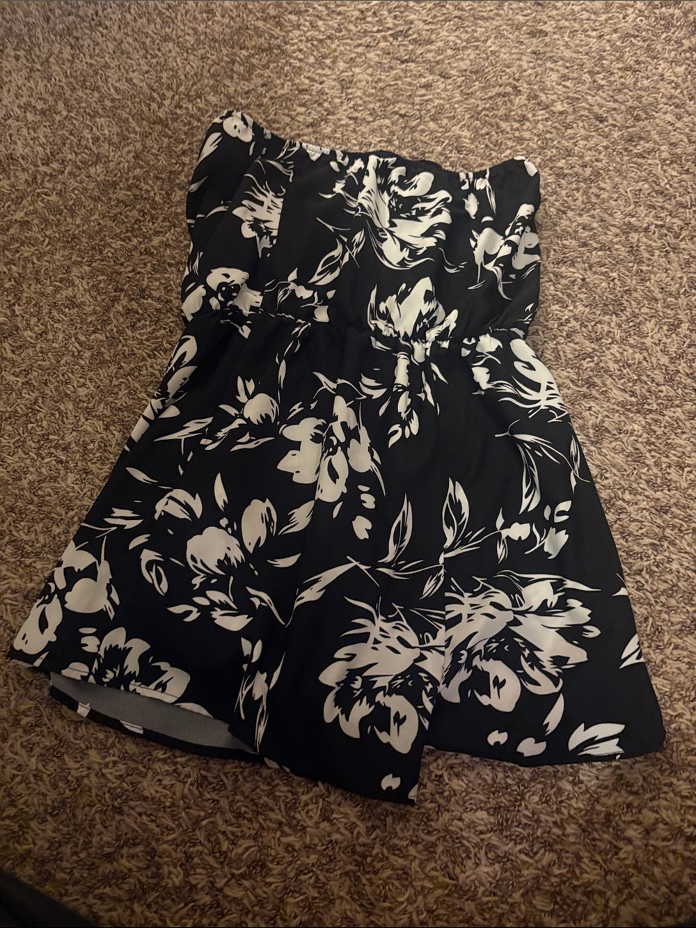 Strapless Black & White Floral A-Line Dress
